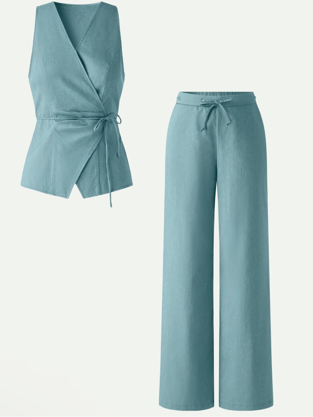 OGL -2Pcs Set Wrap Top with Self-Tie & Drawstring Wide Leg Pant with Pockets M